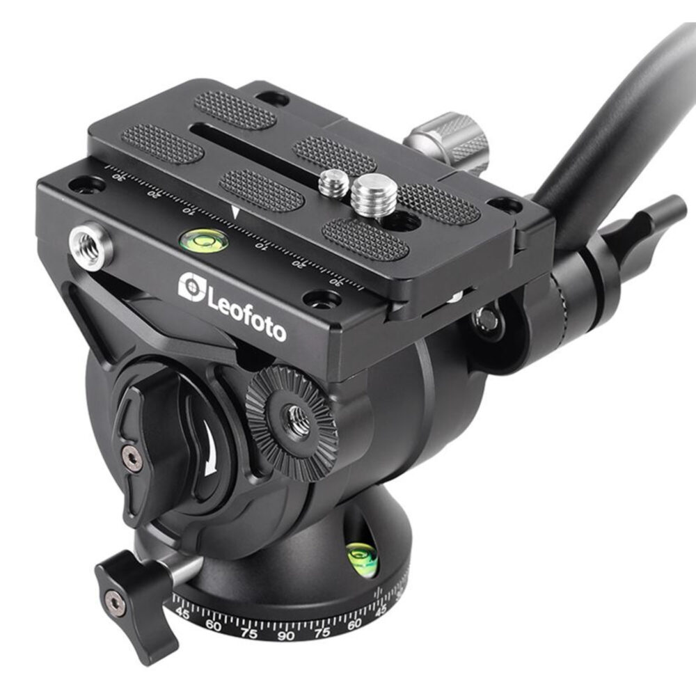 Leofoto BV-10 Videokop perspectief van videokop met montagegaten en draaiknoppen