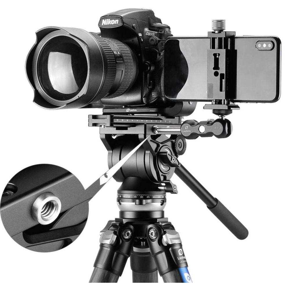 Leofoto BV-10 Videokop voorbeeldopstelling met camera op statief en video bedieningsarm