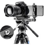 Leofoto BV-10 Videokop voorbeeldopstelling met camera op statief en video bedieningsarm
