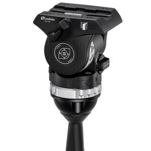 Leofoto FH-10 Videokop zijaanzicht met friktie-instelling, logomarkering en camerahoeknotering