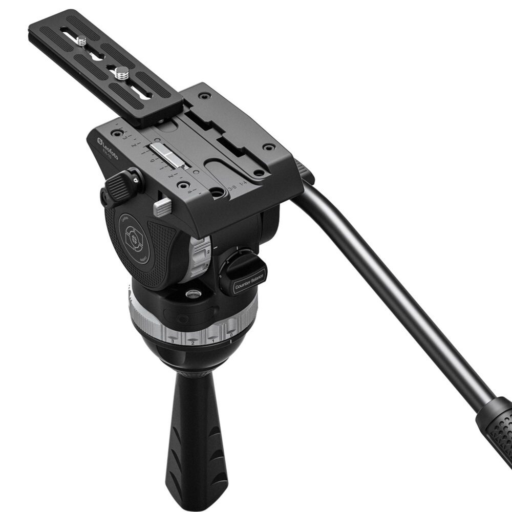 Leofoto FH-10 Videokop bovenaanzicht met Arca-Swiss snelkoppelingsplaat en instelbare friktie