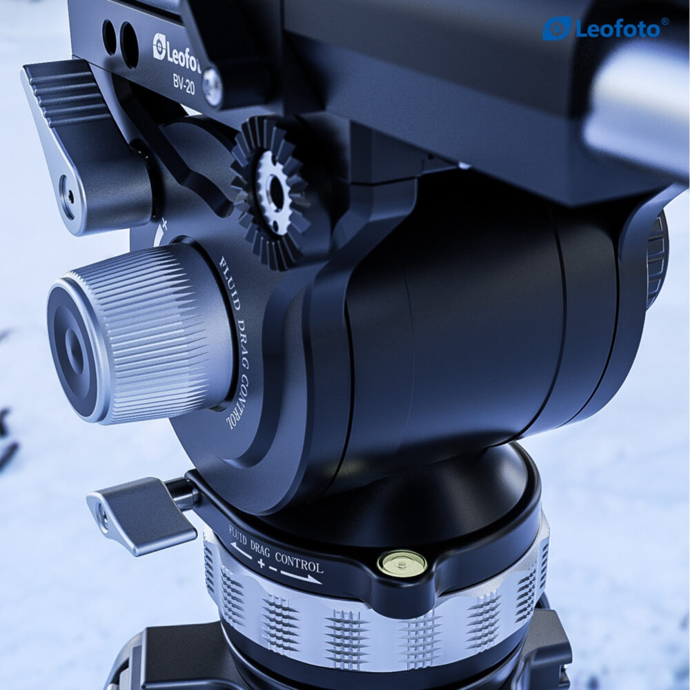 Leofoto BV-20 Videokop close-up op draaiknop en structuur, bevestigd op fluidbasis