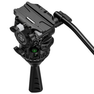 Leofoto FH-20 Videokop close-up van linkerzijde met zichtbare draaiknoppen en verlichte waterpas
