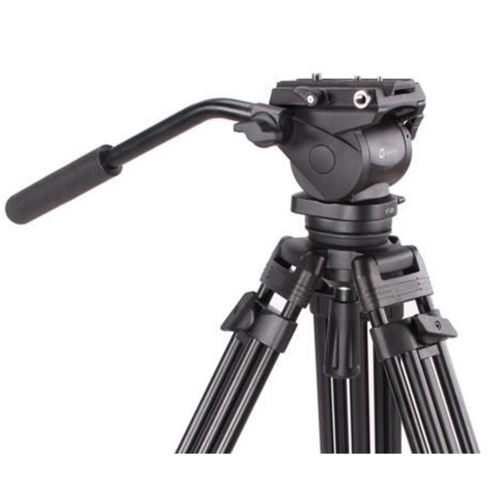 Leofoto VT-20 Videokop gemonteerd op videostatief met horizontaal geplaatste bedieningshendel
