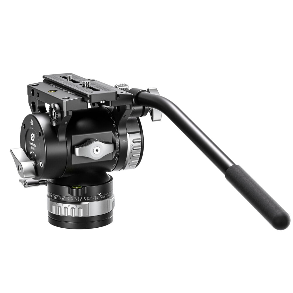 Leofoto BV-30 Videokop rechts zijaanzicht met bevestigde hendel en detail van alle draaiknoppen