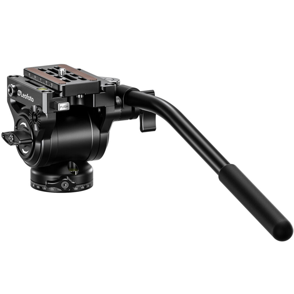 Leofoto BV-5L Videokop schuin vooraanzicht met bedieningsarm naar voren gericht en duidelijke panoramaskala.