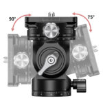 Leofoto BV-0R Videokop vooraanzicht met tilt-bereik van +90° tot -75° in grafische weergave