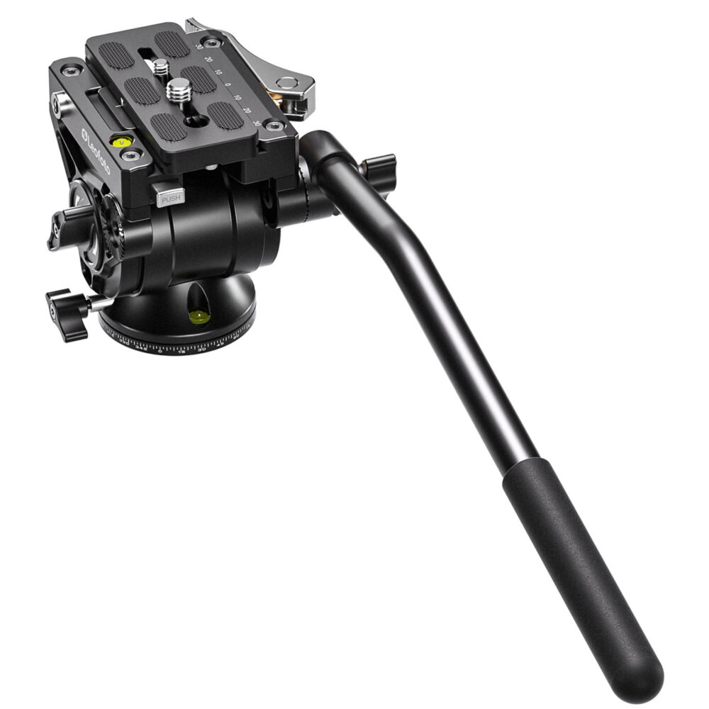 Leofoto BV-10L Videokop links zijaanzicht met bedieningsarm en dubbele waterpas zichtbaar