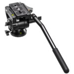 Leofoto BV-10L Videokop links zijaanzicht met bedieningsarm en dubbele waterpas zichtbaar
