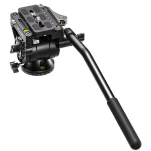Leofoto BV-10L Videokop links zijaanzicht met bedieningsarm en dubbele waterpas zichtbaar
