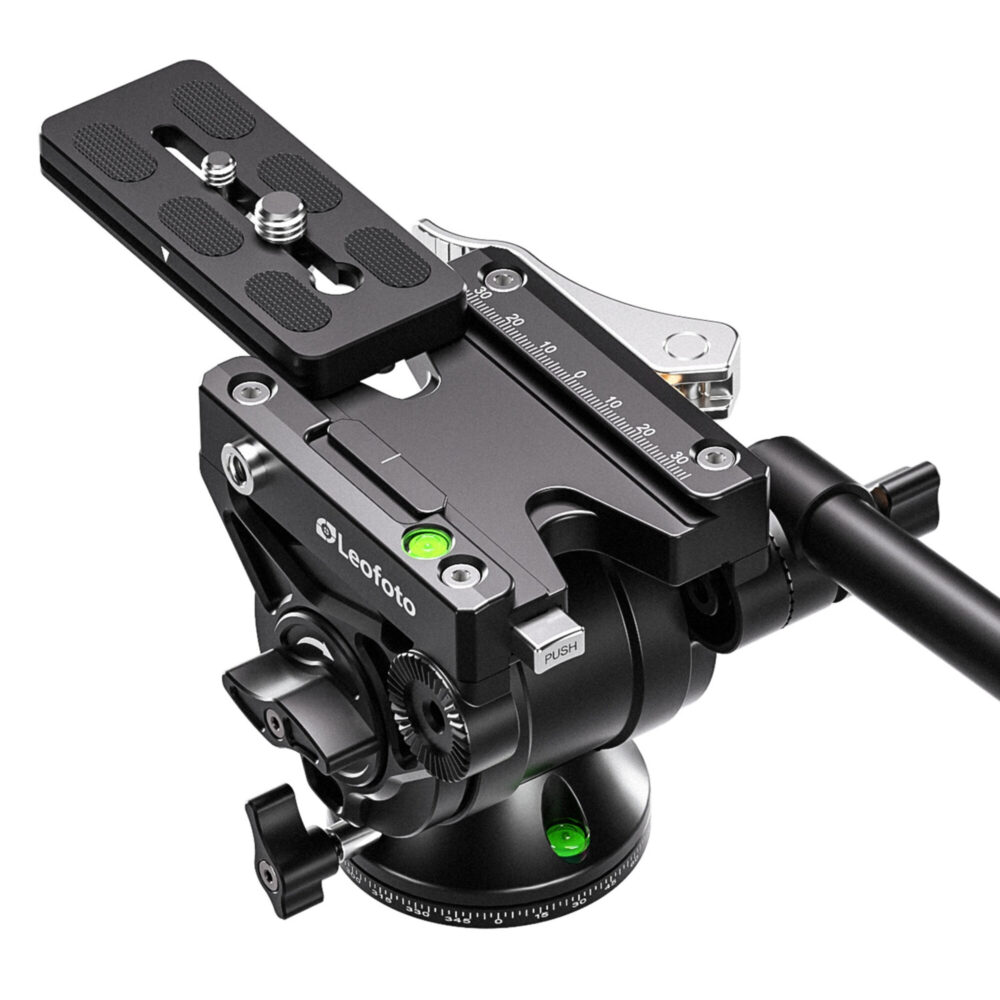 Leofoto BV-10L Videokop close-up bovenaanzicht met Arca-Swiss koppeling en klemmhevel