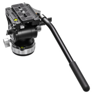 Leofoto BV-15L Videokop schuin vooraanzicht met bedieningsarm en zichtbare libel op de camerabasis.