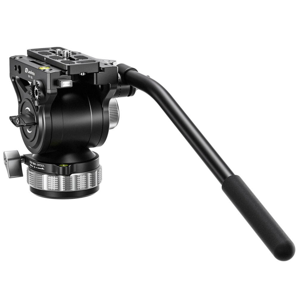 Leofoto BV-15L Videokop frontaal aanzicht met naar voren gerichte bedieningsarm en grote frictiering.