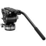 Leofoto BV-15L Videokop frontaal aanzicht met naar voren gerichte bedieningsarm en grote frictiering.