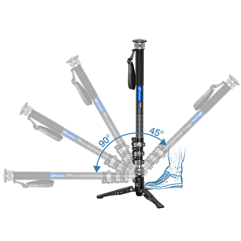 Leofoto VD-04 Statiefvoet illustratie met monopod die dankzij het kogelgewricht tot 90 en 45 graden kan kantelen.