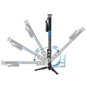 Leofoto VD-04 Statiefvoet illustratie met monopod die dankzij het kogelgewricht tot 90 en 45 graden kan kantelen.