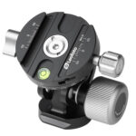 Leofoto VH-10 2-Wege-kop bovenaanzicht met Arca-compatibele snelkoppelingsplaat, waterpaslibel en panoramaschaal.