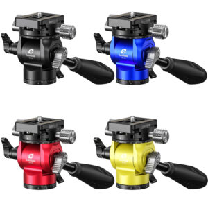 Leofoto BV-0R Videokop overzicht met vier videokoppen in zwart, blauw, rood en geel met Arca-Swiss plaat en hendel op witte achtergrond.