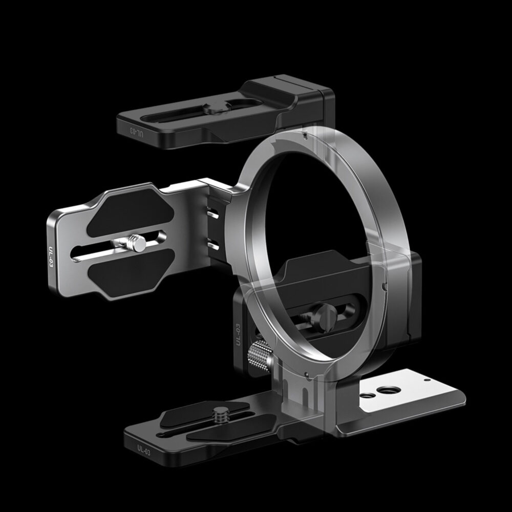 Leofoto UL-03 Objectiefvoet explosietekening van klemring en cameradrager die rond de lens worden gesloten op zwarte achtergrond.