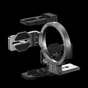 Leofoto UL-03 Objectiefvoet explosietekening van klemring en cameradrager die rond de lens worden gesloten op zwarte achtergrond.