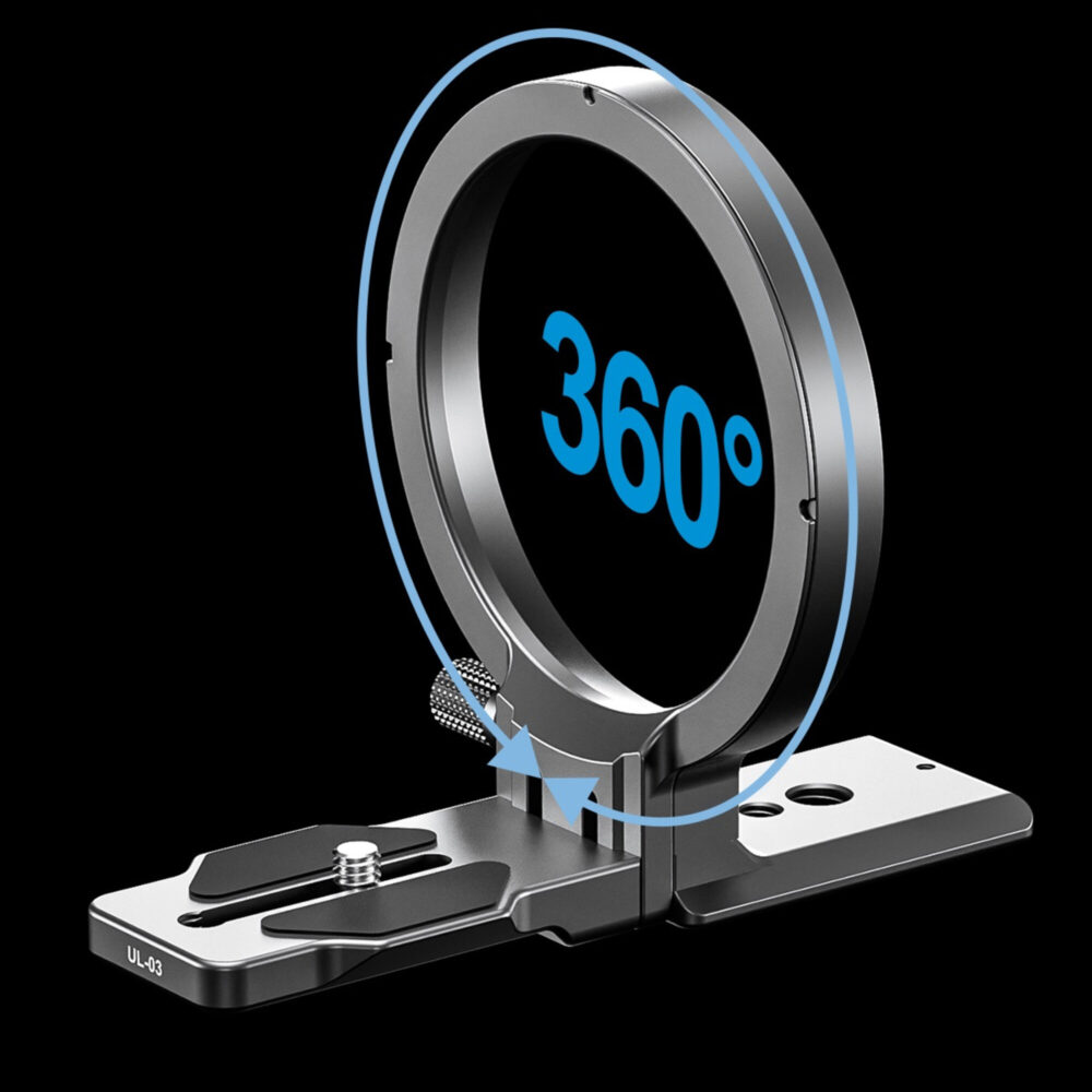 Leofoto UL-03 Objectiefvoet zijaanzicht van de ring met blauwe 360° markering die de volledige rotatie rond de lens aangeeft.