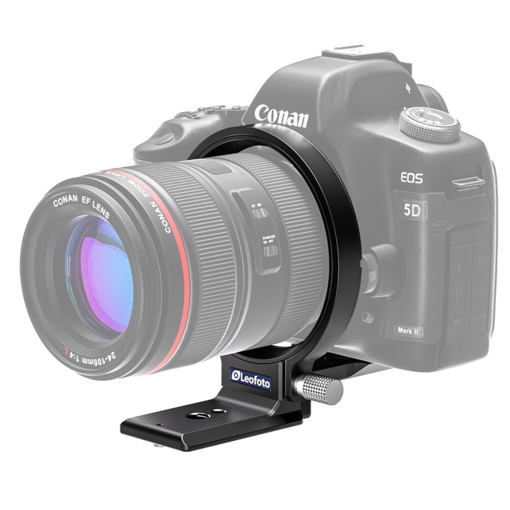 Leofoto UL-03 Objectiefvoet gemonteerd rond een telelens op een DSLR, waarbij de cameracombinatie op de Arca-Swiss voet staat.