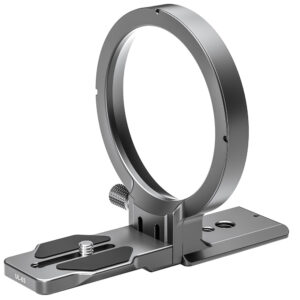 Leofoto UL-03 Objectiefvoet zijaanzicht van zilveren objectiefkraag met verstelbare cameraplatform en schroefgaten in de voet.