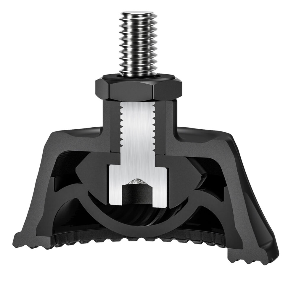 Leofoto SC-70 Statiefvoet langsdoorsnede van de rubberen monopodvoet met zicht op kogelkop, 3/8"-schroefdraad en pijlen voor kantelrichting.