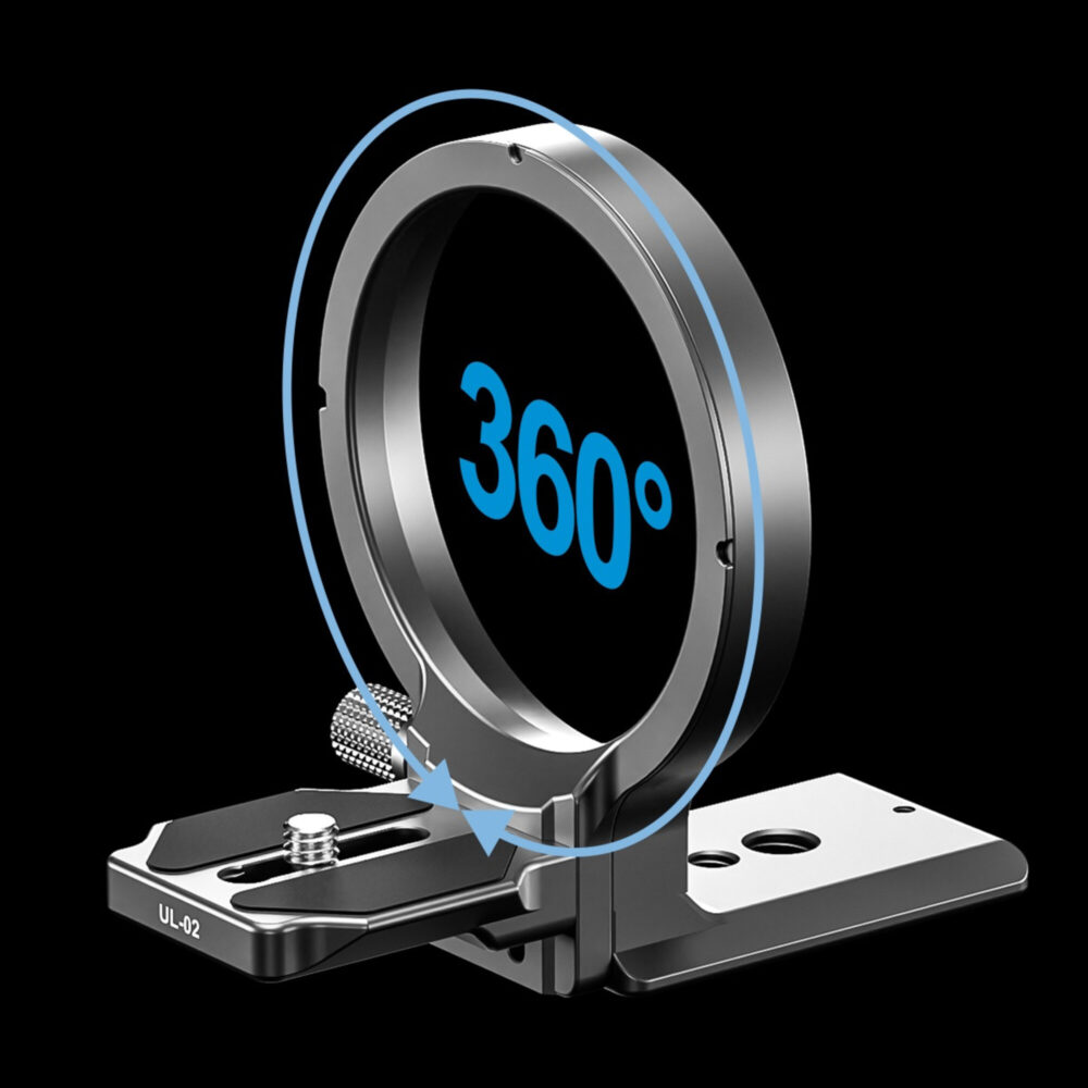Leofoto UL-02 Lensvoet zijaanzicht van de ronde klemring met 360° draaipijlen die de volledige rotatie rond de lens aangeven.
