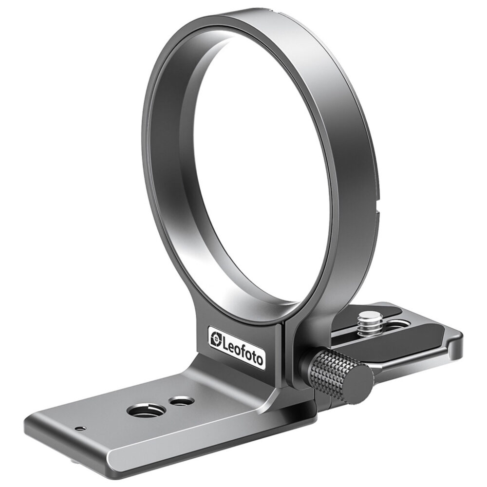 Leofoto UL-02 Objektivfuß close-up van de zilveren objectiefklem en Arca-Swiss compatibele statiefvoet op witte achtergrond.
