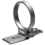 Leofoto UL-02 Objektivfuß close-up van de zilveren objectiefklem en Arca-Swiss compatibele statiefvoet op witte achtergrond.