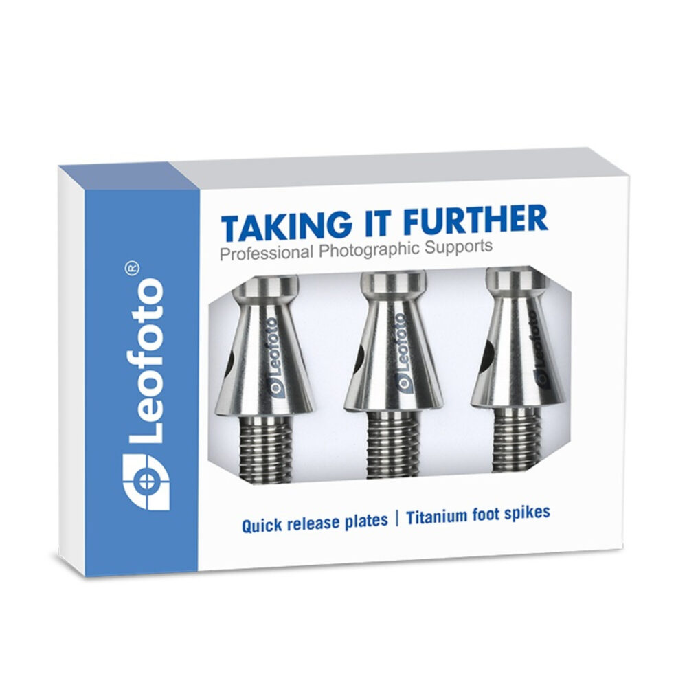 Leofoto TF-01 statiefvoet titanium spikes productverpakking met afbeelding van drie titanium statiefspikes.