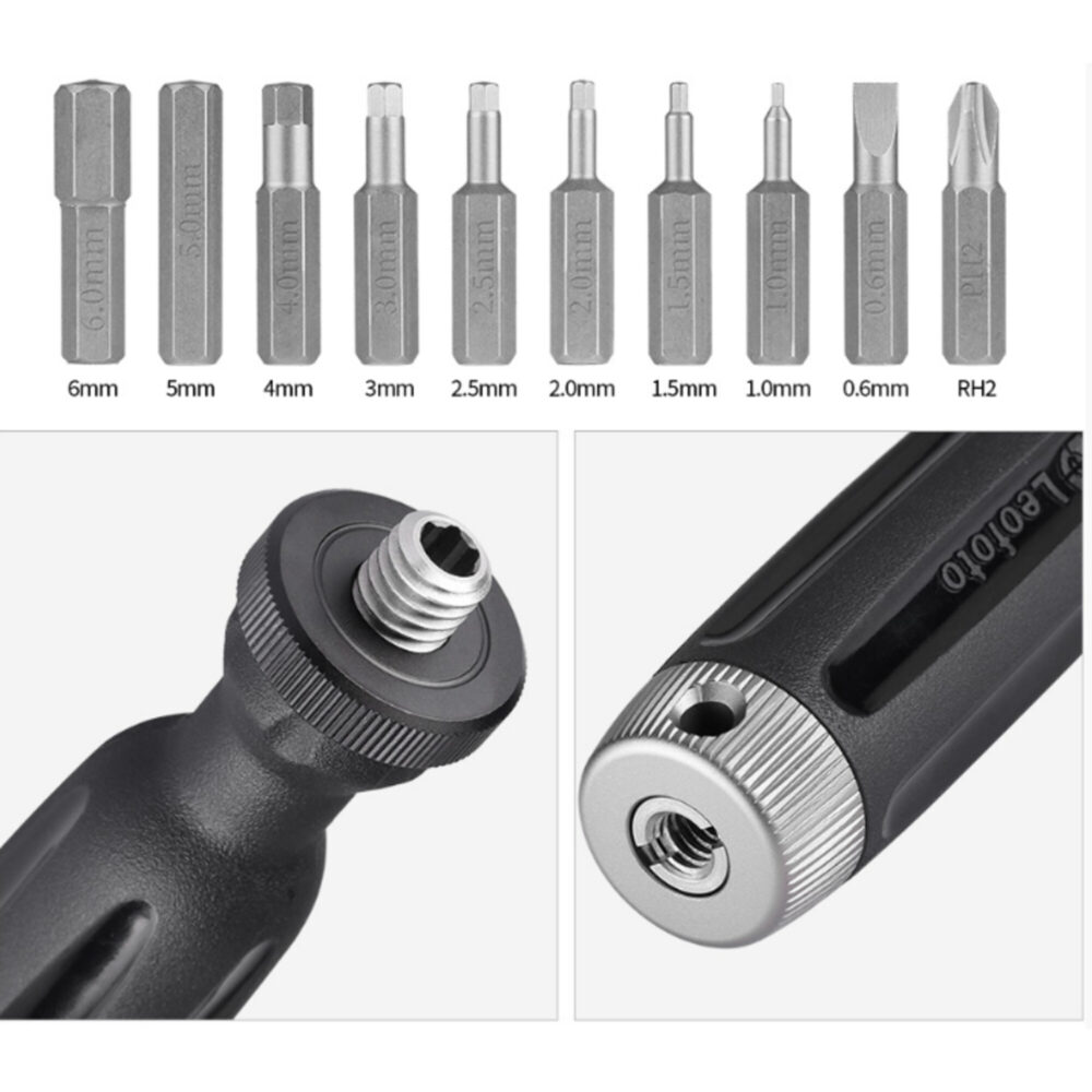 Leofoto multifunctioneel gereedschap LMT-10 close-up van de bitset en het 3/8-inch schroefdraad aan het uiteinde van de handgreep.