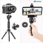 Leofoto multifunctioneel gereedschap LMT-10 ingezet als handgreep voor camera of smartphone-opstelling op statief.