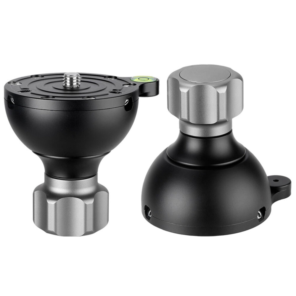 Leofoto YB-75SP nivelleerinrichting 75 mm set met zwarte bowl en losse korte vergrendelknop naast elkaar weergegeven.