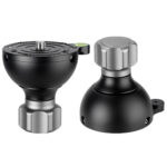 Leofoto YB-75SP nivelleerinrichting 75 mm set met zwarte bowl en losse korte vergrendelknop naast elkaar weergegeven.