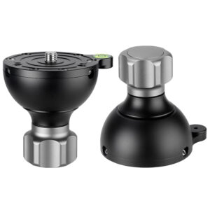 Leofoto YB-75SP nivelleerinrichting 75 mm set met zwarte bowl en losse korte vergrendelknop naast elkaar weergegeven.