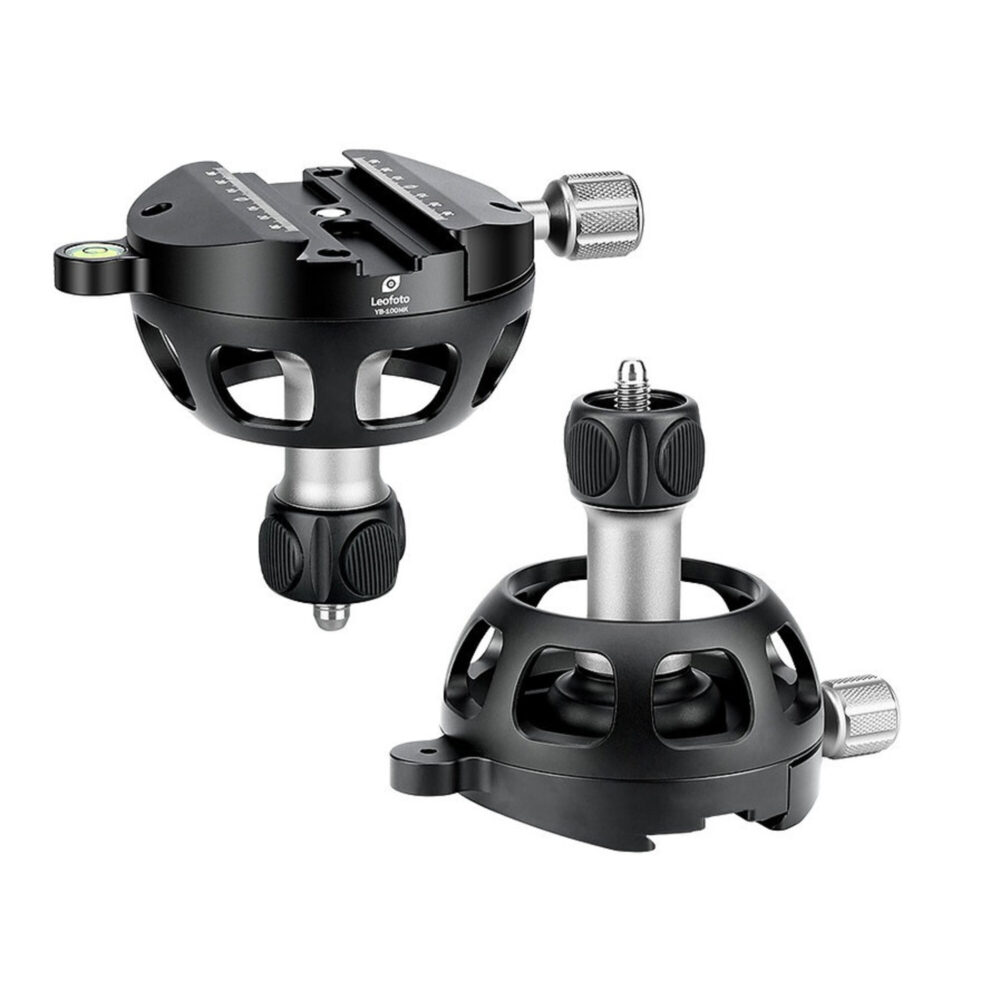 Leofoto YB-100LK nivelleerinrichting naast losse 100mm schaalbasis met korte handgreep en vergrendelknoppen.
