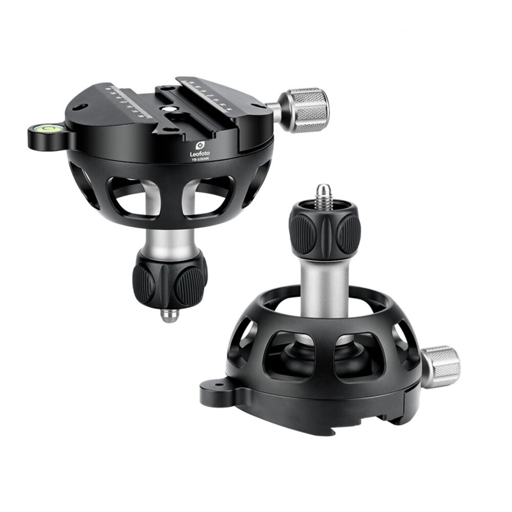 Leofoto YB-100MK nivelleerinrichting naast losse 100mm schaalbasis met korte handgreep en vergrendelknop.