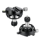 Leofoto YB-100MK nivelleerinrichting naast losse 100mm schaalbasis met korte handgreep en vergrendelknop.