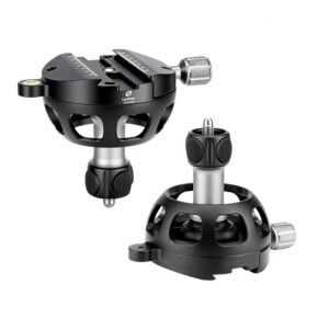 Leofoto YB-100MK nivelleerinrichting naast losse 100mm schaalbasis met korte handgreep en vergrendelknop.