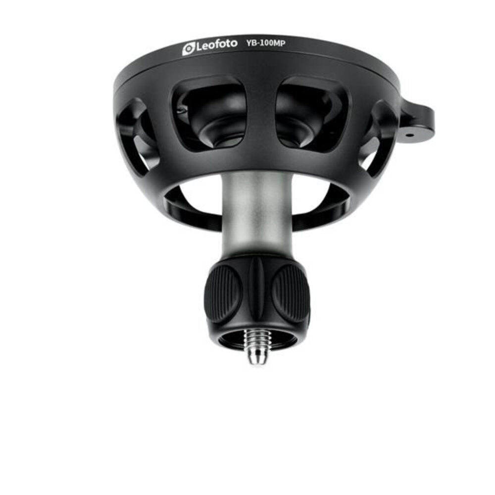 Leofoto YB-100MP nivelleerinrichting onderaanzicht van opengewerkte 100mm schaal met korte handgreep en vergrendelknop.