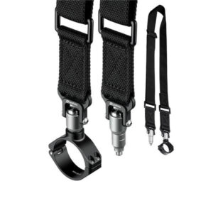 Leofoto Strap-28LS draagriem close-up van QD-1 sluitingen met QDC-28 beenschelle, QDM-1 1/4-adapter en losse riem.