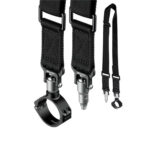 Leofoto Strap-32LS draagriem close-up van QD-1 sluitingen met QDC-32 beenschelle, QDM-1 1/4-adapter en losse riem.