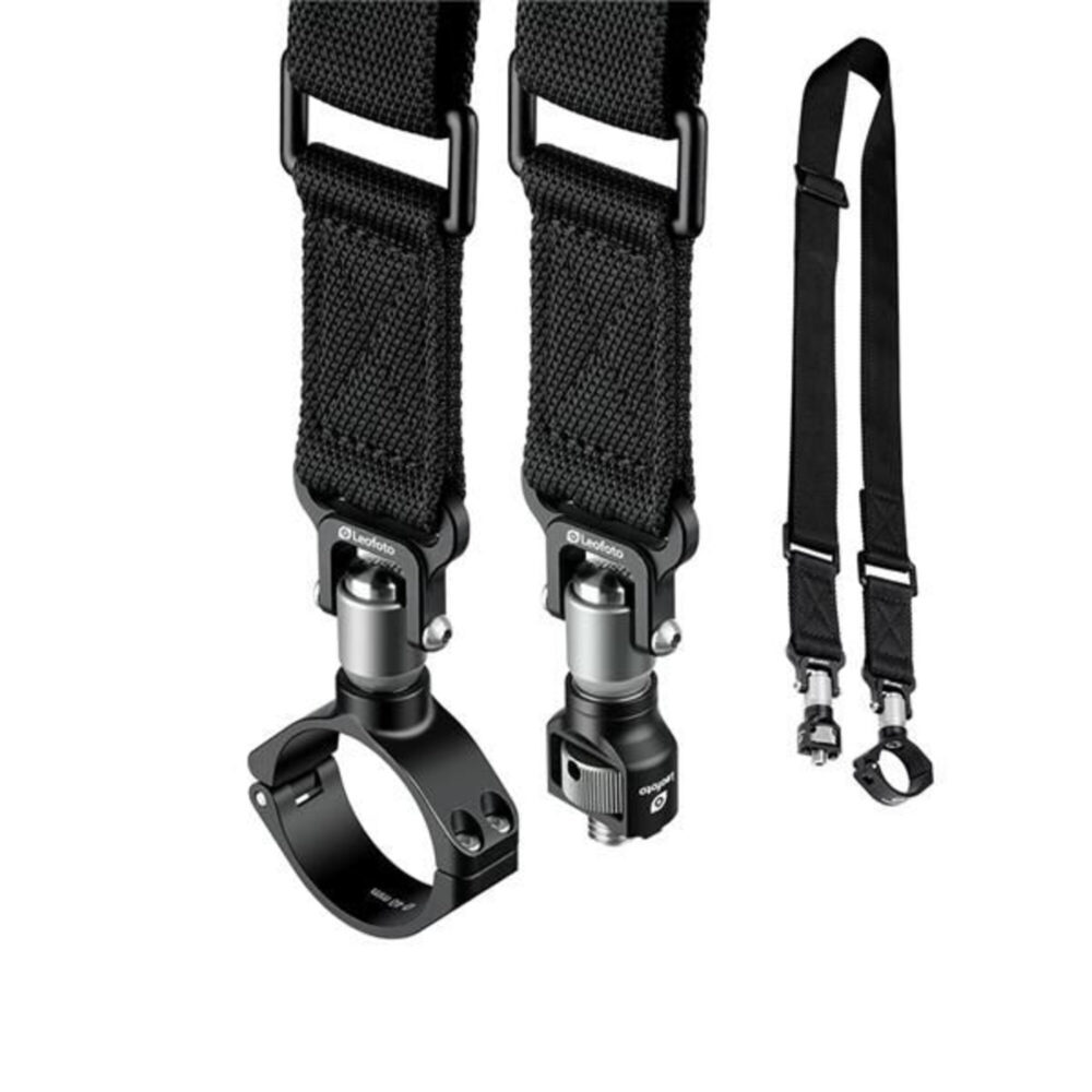 Leofoto Strap-36LM draagriem close-up van QD-1 sluitingen met QDC-36 beenschelle en QDM-2 3/8-adapter naast de losse riem.