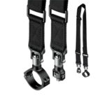 Leofoto Strap-36LM draagriem close-up van QD-1 sluitingen met QDC-36 beenschelle en QDM-2 3/8-adapter naast de losse riem.