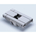 Leofoto PC-60 smartphonehouder compact opgevouwen zilveren houder met zichtbare Arca-Swiss-voet en ring.