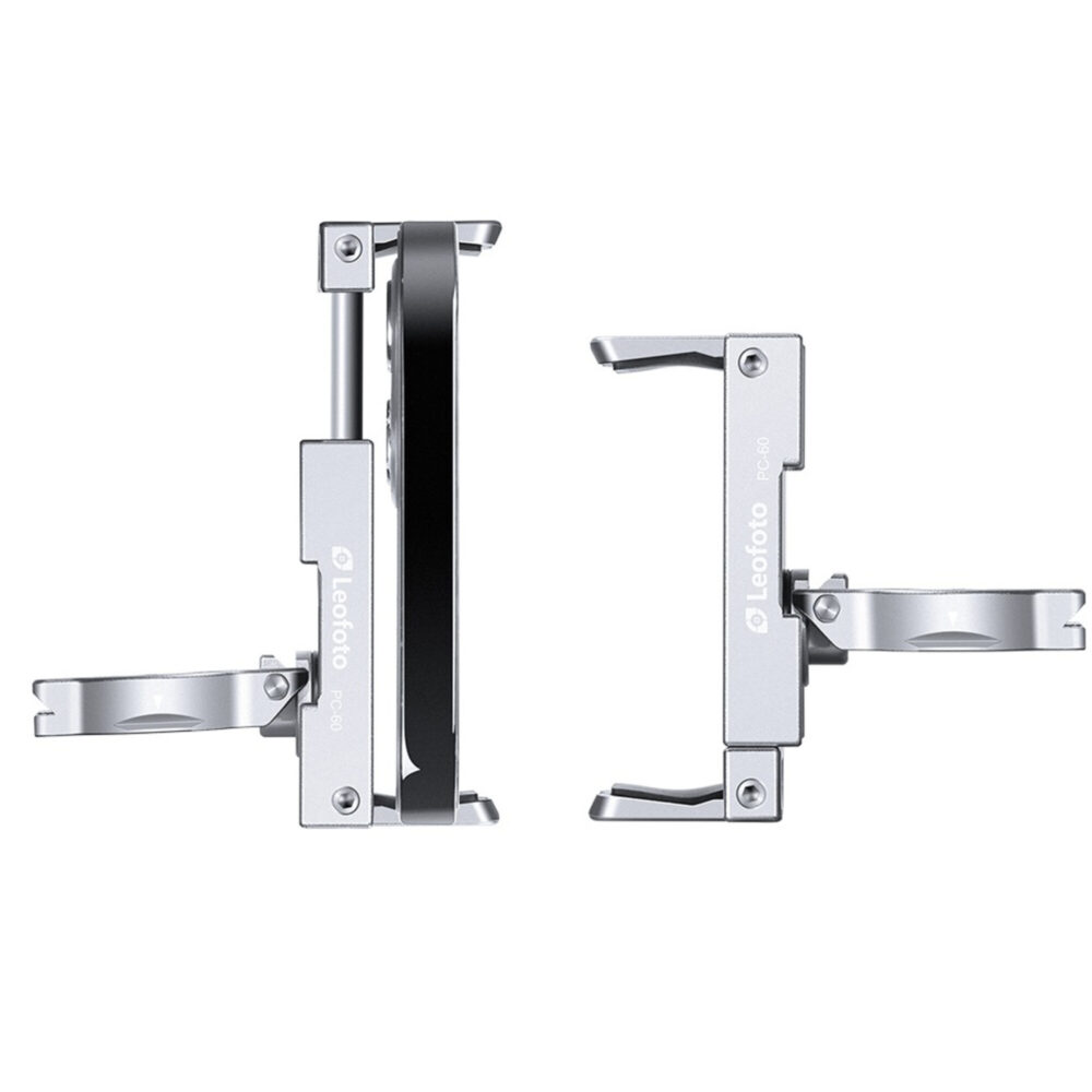 Leofoto PC-60 smartphonehouder technische voor- en zijaanzichttekening van de klem met rechte en uitgeklapte stand.