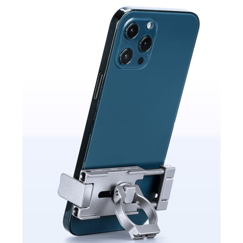 Leofoto PC-60 smartphonehouder gebruikt als tafelstandaard waarbij de blauwe smartphone schuin horizontaal wordt gepositioneerd.