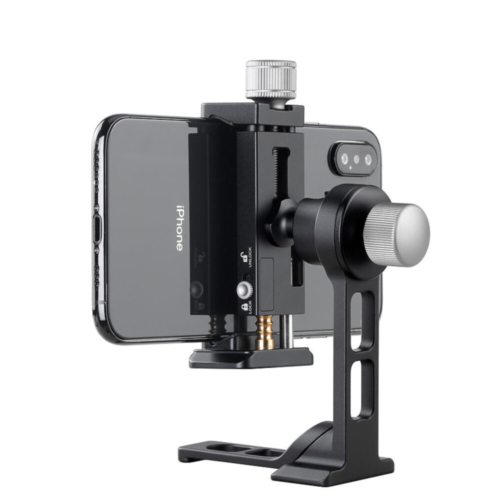 Leofoto PS-1 statiefvoet met PC-90II smartphonehouder waarin een smartphone horizontaal is geklemd.
